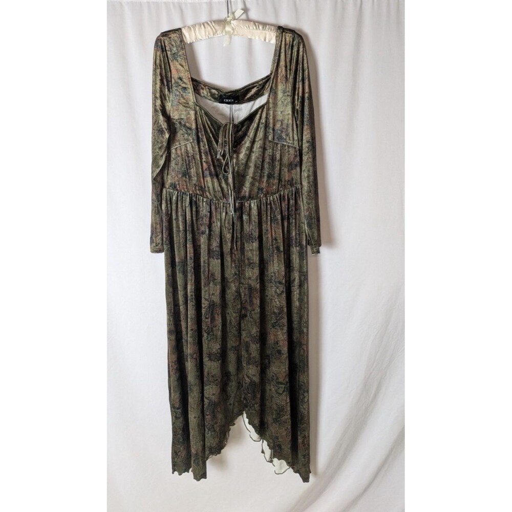 Cider 12 14 Green Velvet Square Neck Floral Drawstring Midi Dress Long Sleeve - Picture 3 of 10